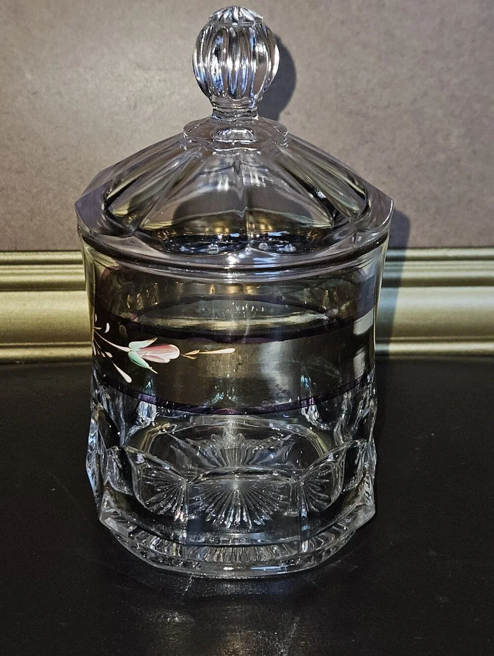 Vintage Duncan Miller Decorative Glass Candy Jar with Gold Tone Floral Band
